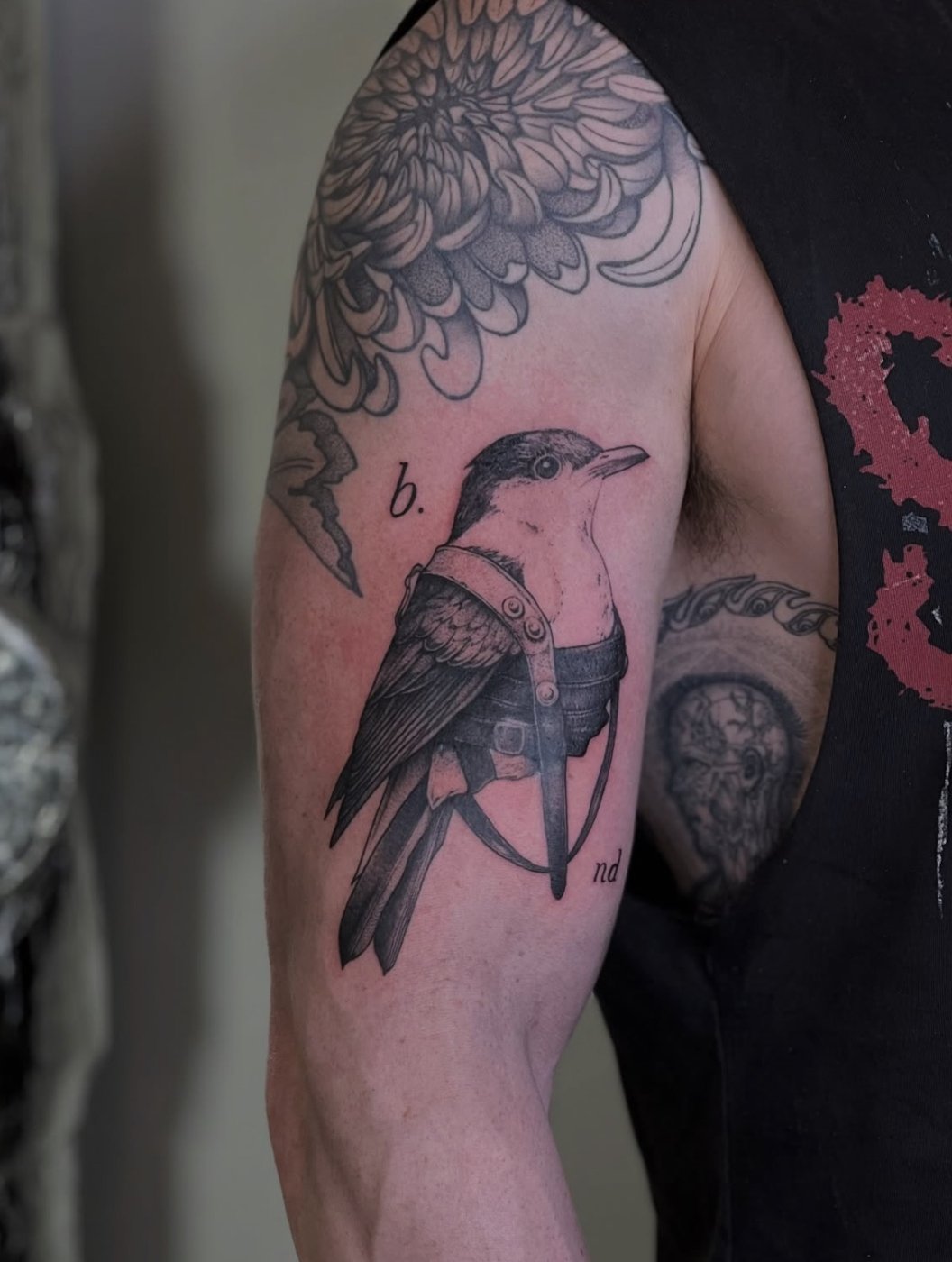 Vogel-Tattoo mit Geschirr am Oberarm unter einer Chrysantheme, gestochen von Florian Rudolph in Berlin